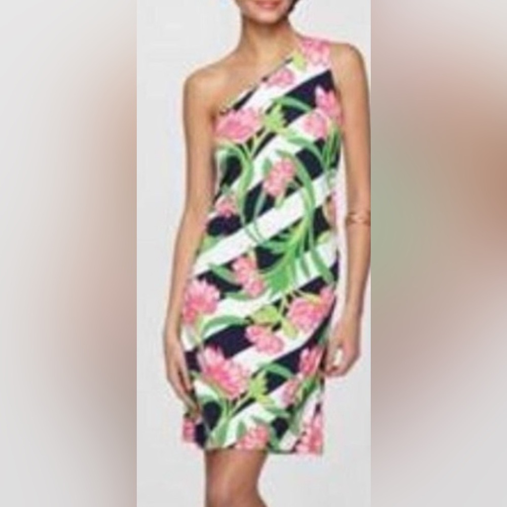 Lilly Pulitzer One-Shoulder Floral Stripe Dress in Pink, Green, Navy